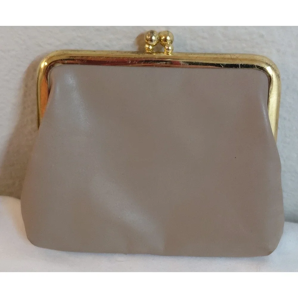 Vintage Buxton Genuine Leather Kiss Lock Coin Purse Taupe Gold Frame